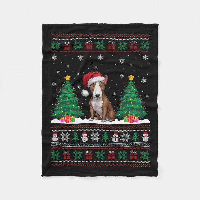 Santa Hat Bull Terrier Dog Xmas Tree Lights Ugly S Fleece Blanket (Front)