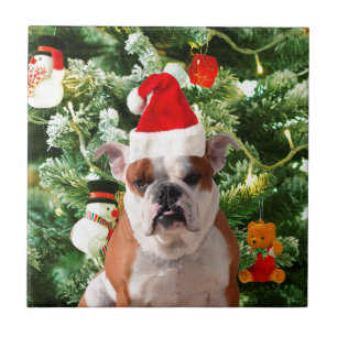 Santa Hat Bulldog Christmas Tree Snowman Gift Box Ceramic Tile