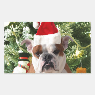 Santa Hat Bulldog Christmas Tree Snowman Gift Box Rectangular Sticker