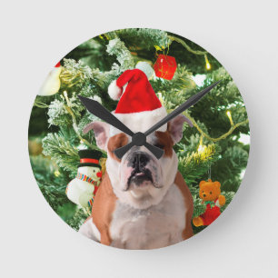 Santa Hat Bulldog Christmas Tree Snowman Gift Box Round Clock