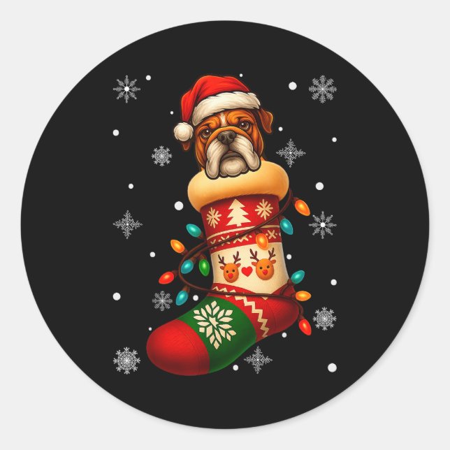 Santa Hat Bulldog Dog In Christmas Socks Men Women Classic Round Sticker (Front)