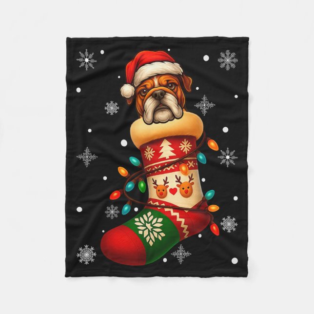 Santa Hat Bulldog Dog In Christmas Socks Men Women Fleece Blanket (Front)