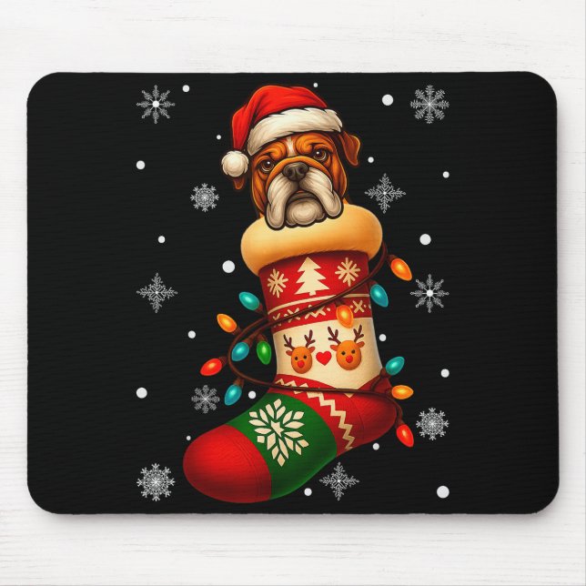 Santa Hat Bulldog Dog In Christmas Socks Men Women Mouse Pad (Front)