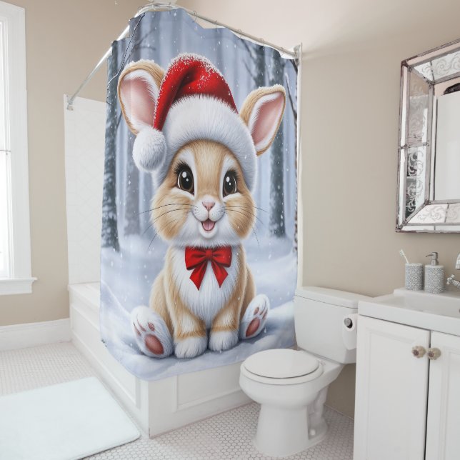 Santa Hat Bunny Shower Curtain (In Situ)