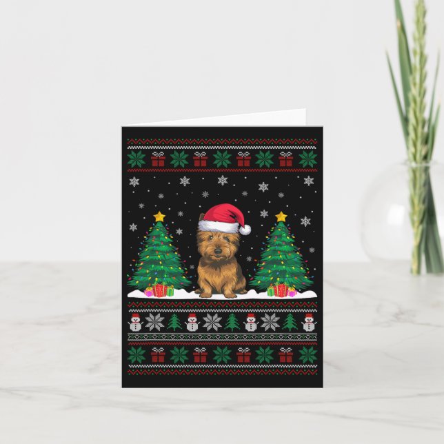 Santa Hat Cairn Terrier Dog Xmas Tree Lights Ugly  Card (Front)