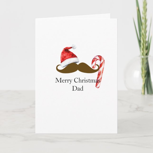 Santa Hat Candy Cane Brown Mustache Dad Christmas Card (Front)