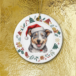 Santa Hat Cattle Dog Christmas Images Wreath Ceramic Ornament