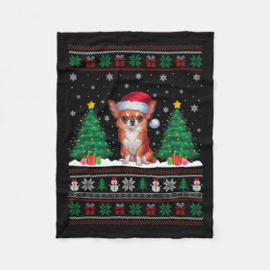 Santa Hat Chihuahua Dog Christmas Tree Lights Ugly Fleece Blanket