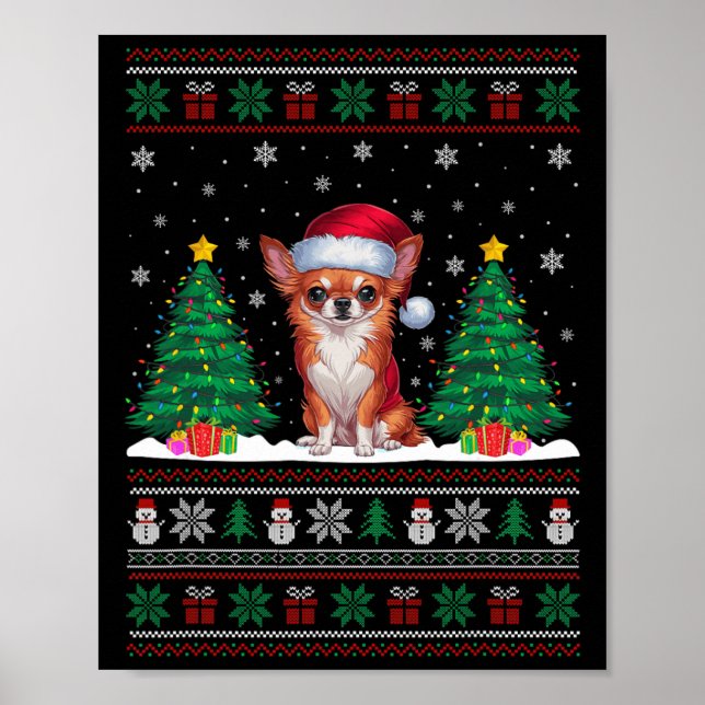 Santa Hat Chihuahua Dog Christmas Tree Lights Ugly Poster (Front)