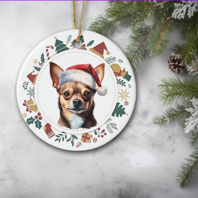Santa Hat Chihuahua Dog Christmas Wreath Ceramic Ornament (Creator Uploaded)