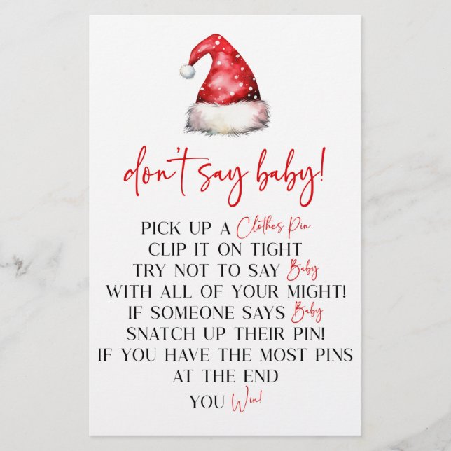 Santa Hat Christmas Don't Say Baby Shower Game Stationery (Front)