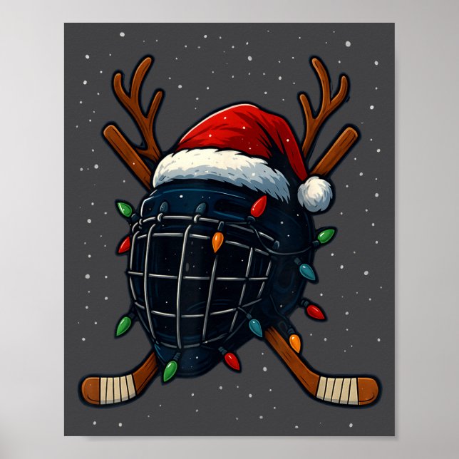 Santa Hat Christmas Ice Hockey Helmet Player Reind Poster (Front)