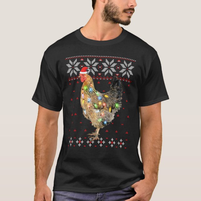 Santa Hat Christmas Lights Chicken Shirt, Funny Xm T-Shirt (Front)