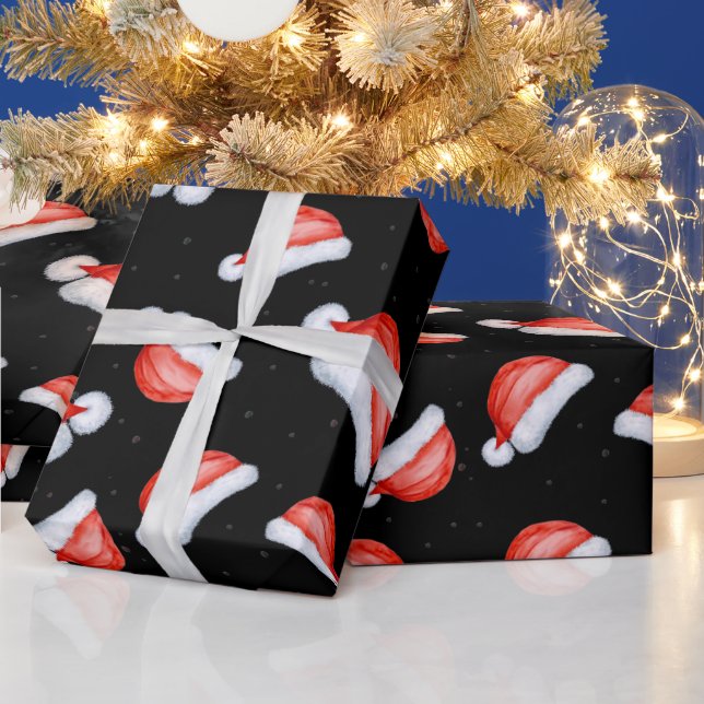 Santa Hat Christmas pattern black background Wrapping Paper (Holidays)