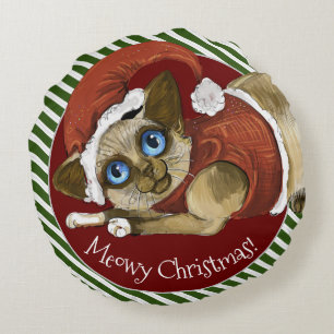Santa Hat&Coat Christmas Kitty  Round Cushion