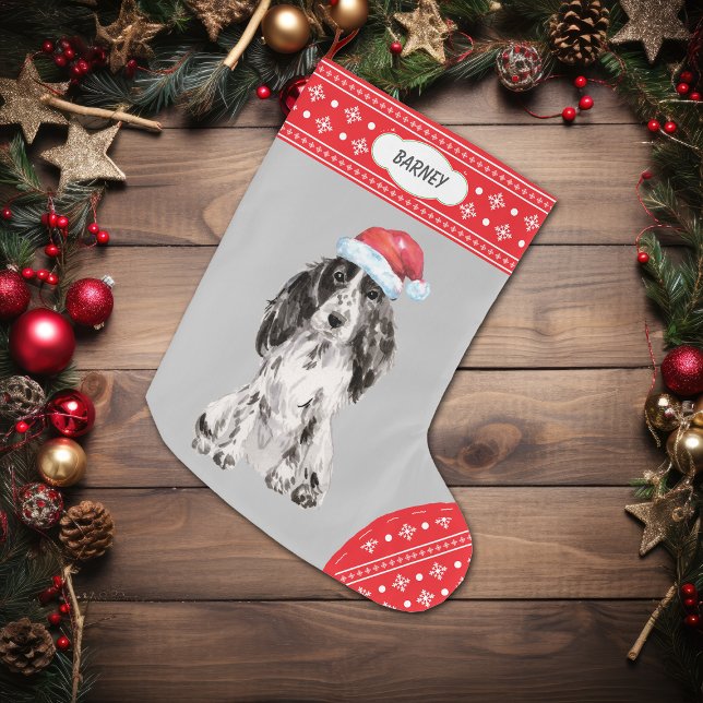 Santa Hat Cocker Spaniel Snowflake Border Large Christmas Stocking (Creator Uploaded)