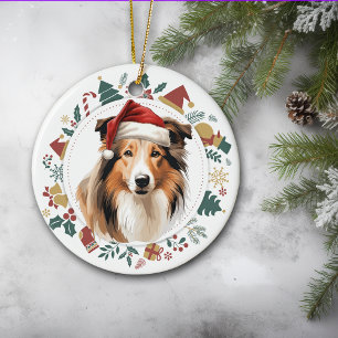 Santa Hat Collie Dog Holiday Images Wreath Ceramic Ornament