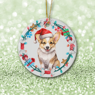 Santa Hat Corgi Puppy Bone Wreath Ceramic Ornament