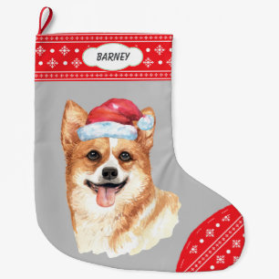 Santa Hat Corgie Snowflake Border Large Christmas Stocking