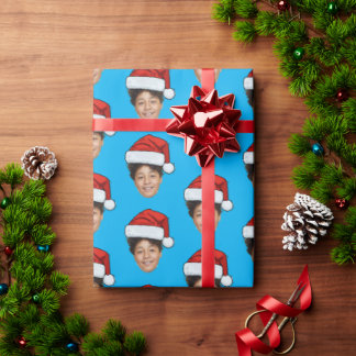 Santa Hat Custom Face Photo Christmas Gift Blue Wrapping Paper