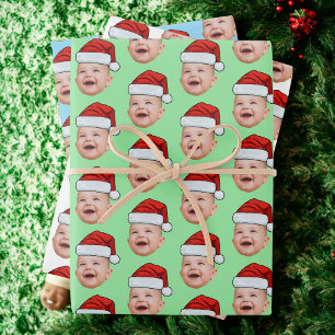Santa Hat Custom Face Photo Christmas Wrapping Paper Sheet