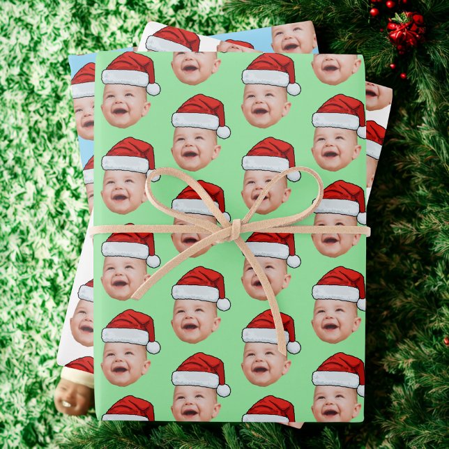 Santa Hat Custom Face Photo Christmas Wrapping Paper Sheet (Creator Uploaded)