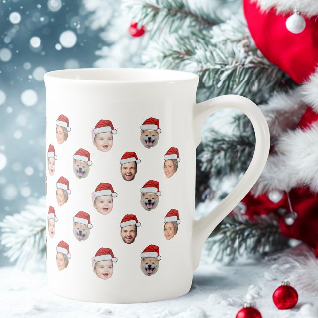 Santa Hat Custom Family Face 4 Photos Christmas Bone China Mug (Creator Uploaded)