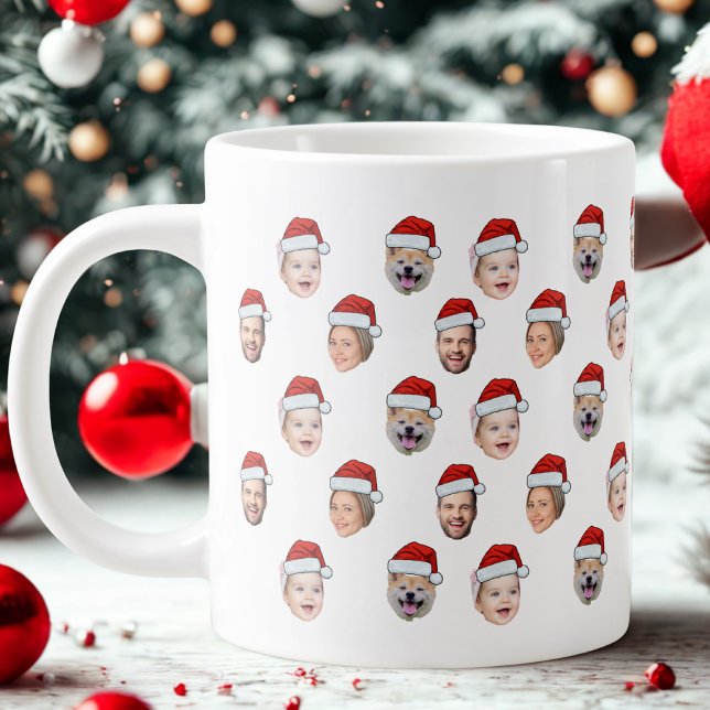 Santa Hat Custom Family Face 4 Photos Christmas Large Coffee Mug (Creator Uploaded)