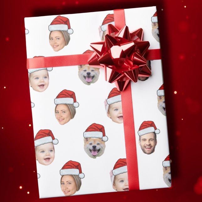 Santa Hat Custom Family Face 4 Photos Christmas Wrapping Paper (Creator Uploaded)
