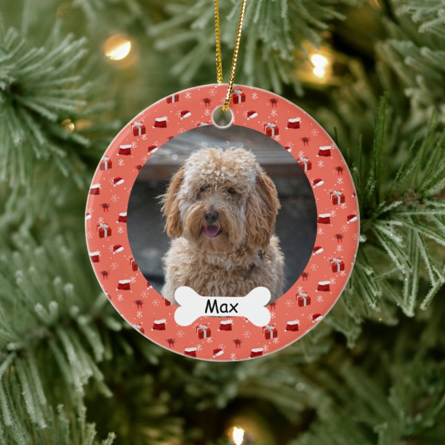 Santa Hat Custom Pet Puppy Dog Photo Ceramic Ornament (Tree)