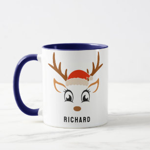 Santa Hat Cute Reindeer Boy Christmas Navy Blue Mug