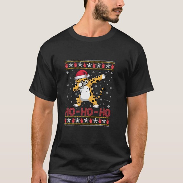 Santa Hat Dabbing Jaguar Ho Ho Ho Funny Ugly Chris T-Shirt (Front)