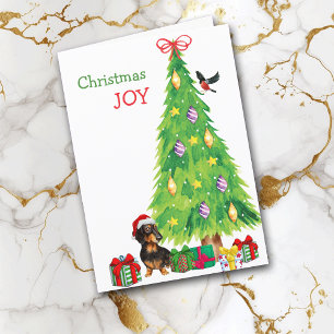 Santa Hat Dachshund Dog and Christmas Tree Holiday Card