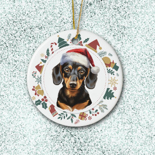 Santa Hat Dachshund Dog Christmas Images Wreath Ceramic Ornament
