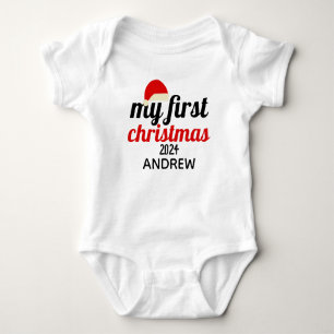 Santa Hat   Elegant First Christmas Baby Name  Bodysuit
