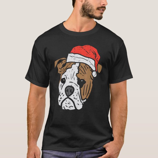 Santa Hat English Bulldog Christmas Pet Dog  Owner T-Shirt (Front)
