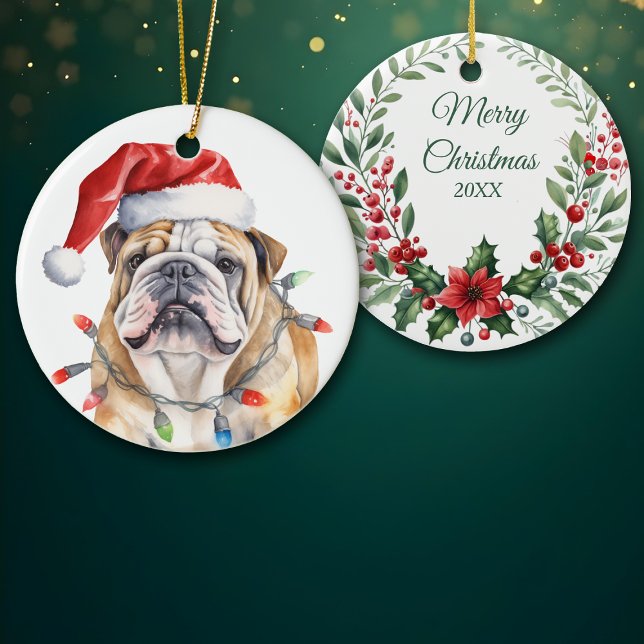 Santa Hat English Bulldog Watercolor Wreath Ceramic Ornament (Creator Uploaded)