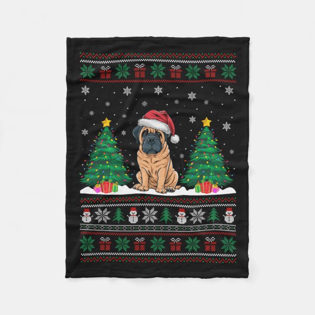Santa Hat English Mastiff Dog Xmas Tree Lights Ugl Fleece Blanket (Front)