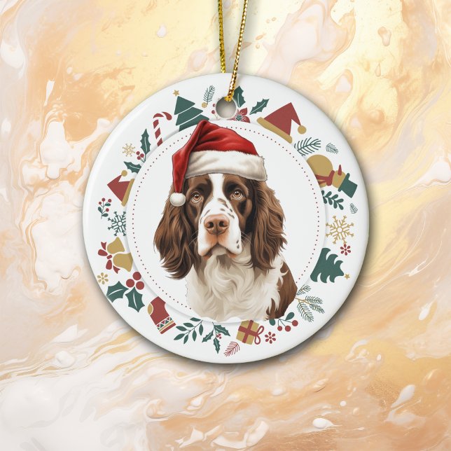 Santa Hat English Springer Spaniel Wreath Ceramic Ornament (Creator Uploaded)