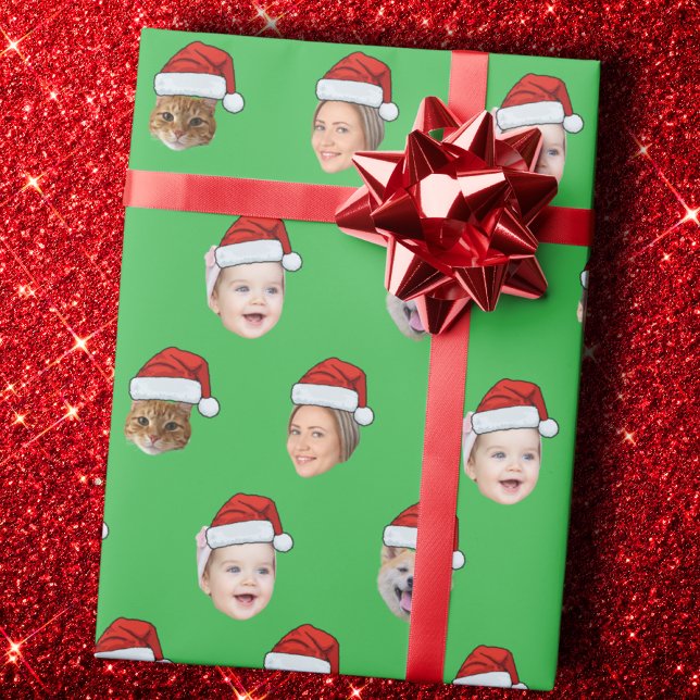 Santa Hat Face Custom Family 5 Photos Christmas Wrapping Paper (Creator Uploaded)