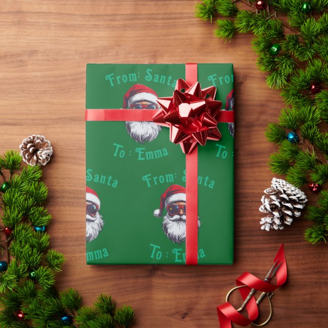 Santa Hat Face Personalize Christmas Green gift Wrapping Paper (Holiday Gift)