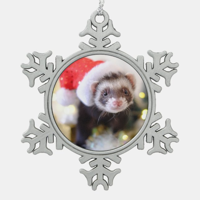 Santa Hat Ferret Christmas Snowflake Pewter Christmas Ornament (Front)