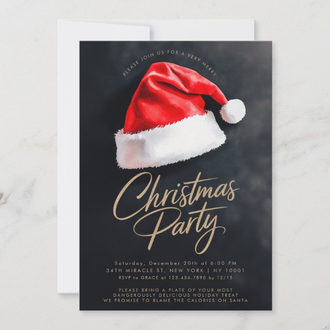 Santa Hat Festive Black Christmas Party Invitation (Front)