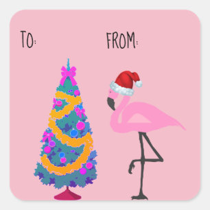 Santa Hat Flamingo Christmas Gift Tag