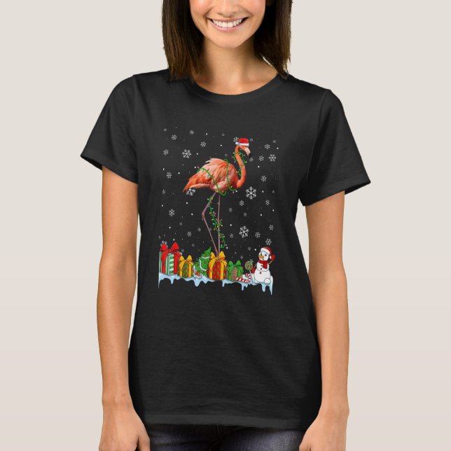 Santa Hat Flamingo Christmas Lights Animals T-Shirt (Front)
