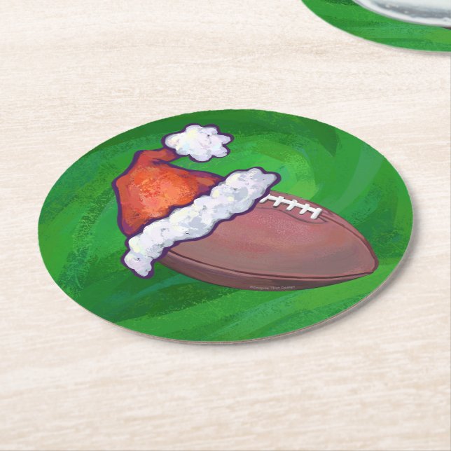 Santa Hat Football on Green Round Paper Coaster (Angled)