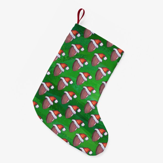 Santa Hat Football on Green Small Christmas Stocking (Front (Hanging))