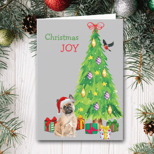 Santa Hat French Bulldog and Christmas Tree Holiday Card