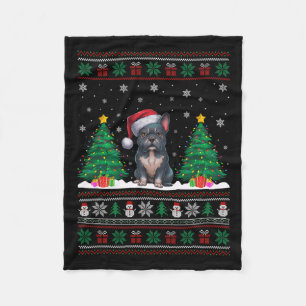 Santa Hat Frenchie Dog Christmas Tree Lights Ugly Fleece Blanket