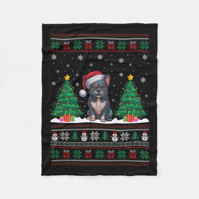 Santa Hat Frenchie Dog Christmas Tree Lights Ugly  Fleece Blanket (Front)